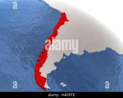 Mappa di Cile il globo metallico con terra e acqua realistica. 3D illustrazione Foto Stock