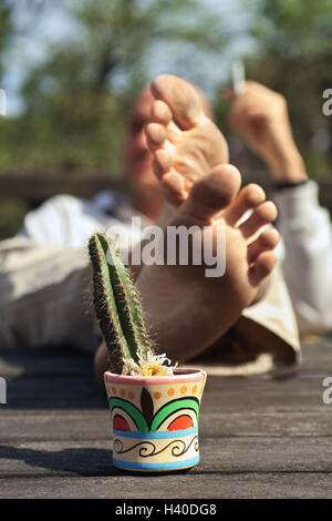 L'uomo, scalzi, tavolo di legno, piedi, alto livello di posa, sfocatura, primo piano, vaso, il giardino dei cactus, terrazza, estate, esterno, godetevi, take it easy, di riposo e di relax, lo stile di vita e del tempo libero, riposo, uomo piedi, suole, dirtily, unwashed, fumatore, sigarette, fumo, po Foto Stock
