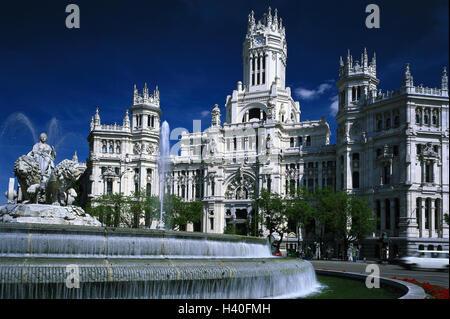 Spagna, Madrid, Plaza de Cibeles Fountain, Fuente de Cibeles, Palacio de leggere Comunicaciones Zentralspanien, città capitale, centro città, ben, Cibeles ben, Fontana, ben figura, Kybele, dea della fertilità, leone la combinazione del motociclo, un punto di riferimento, plac Foto Stock