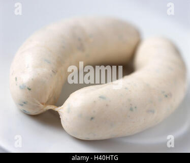 Piastra, dettaglio, salsiccia di vitello giovane, salsicce, salsicce di carne di vitello, giovane, due, in Baviera, carne alimentare, snack, pre-pranzo bevande, cibo, mangiare, still life, studio, le sfocature Foto Stock