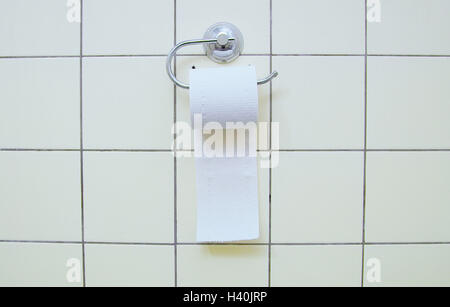 Sala da bagno, Tile parete, loo titolare di rotolamento, carta igienica, bagno, wc, porta-carta igienica, carta WC, WC-daddy preserver, loo carta, loo ruolo, igiene, articolo di igiene, parete piastrelle Piastrelle, fori, perforazioni, still life, la fotografia del prodotto Foto Stock