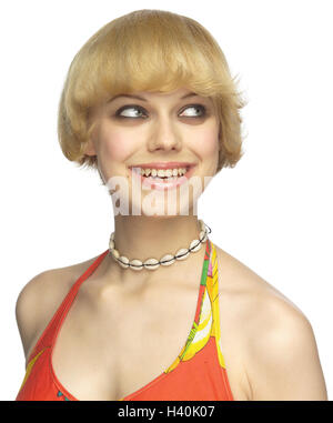 Donna, sorriso giovane, bionda, vista vista laterale, ritratto di donna ritratto, 20-30 anni settanta, Hairstyle, look rétro, piano superiore, Neckholder, collana, cozza catena, moda, moda, tendenza, felice, allegria, divertente, tagliate, Foto Stock