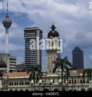 Malaysia, Kuala Lumpur, Merdeka, quadrato, Palazzo Sultano Abdul Samad, Torre Menara Asia, capitale, indipendenza spazio, edificio, struttura, clock tower, torre, architettura, stile architettonico, architetto Norman e Bidwell, luogo di interesse, cultura, tel Foto Stock