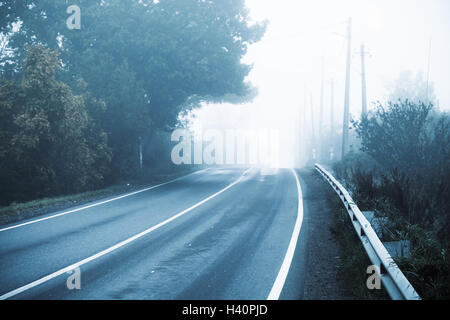 Vuoto autostrada rurale in autunno mattinata nebbiosa stilizzati foto con fredde tonalità blu correzione effetto filtro Foto Stock