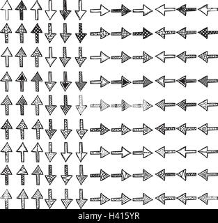 Set di 108 vector disegnati a mano, doodled frecce.Ideale come icone o puntatori.Ciascuna freccia hanno diverse texture. Raggruppate, pronto per l'uso Illustrazione Vettoriale