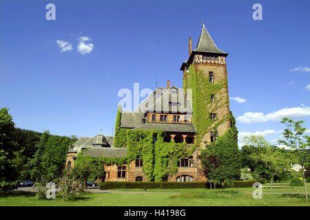 Germania, Saarland, Mettlach, guest house di bloccaggio angolo della Saar, Europa, distretto di Merzig-Wadern, casa, costruendo, villa, architettura in stile architettonico neoromanesque, edificio di mattoni, edificio di mattoni, si accumula nel 1902 - nel 1903, hotel business, torre, valutazione di alloggio, società Villeroy & Boch, coperte, Vino coperto di piante rampicanti, luogo di interesse Foto Stock