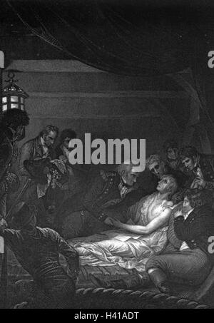 HORATIO NELSON (1758-1805) la sua morte a bordo di HMS Victory alla Battaglia di Trafalgar in un palazzo del XIX secolo l'incisione Foto Stock