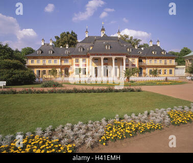 In Germania, in Sassonia, Dresda, il castello di Pillnitz, palazzo di montagna, nel 1723, parco, Europa Silberstrasse, Elbland sassone, residence, residenza estiva, palazzo, edificio, la struttura presenta uno stile architettonico, architettura, luogo di interesse, cultura, parco Foto Stock