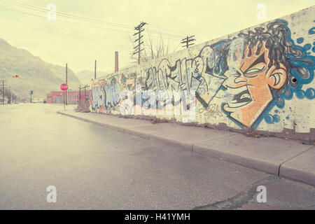 Muro di graffiti nei pressi di strada bagnata, Detroit, Michigan, Stati Uniti Foto Stock