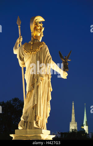 Austria, Vienna, Pallas Athene bene, statua, vista posteriore, illuminazione, notte, Europa, capitale, Athene pozzi, Pallas Athene Brunnen, Karl Kundmann, nel 1893-1902, statua, dea della saggezza, luogo di interesse storico, illuminateds, sera, icona, concezione, saggezza, panoramica, sublime, potenza, mito, DEA, padrona di protezione Foto Stock