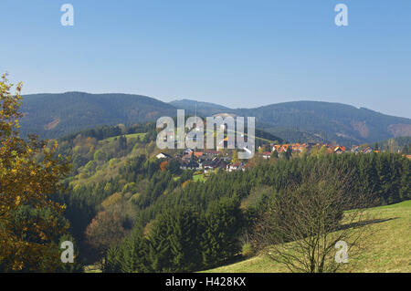 Germania, Bassa Sassonia, resina superiore, Okertal, San Andreasburg, scenario, panoramica, autunno, Harz, Okertal, Vista, Vista panoramica locale, luogo autunno paesaggio, paesaggio collinare, hill, boschi, alberi, autumnally, idilliaco, natura, stagione, larghezza, distanza Foto Stock