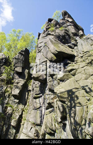 Germania, Bassa Sassonia, Harz, Okertal, formazioni di bile, paesaggi, natura, rock, ripidamente, scogliera, alberi al di fuori, deserte, Foto Stock