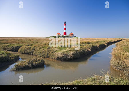 Faro Westerheversand, Westerhever, penisola, Eiderstedt SCHLESWIG-HOLSTEIN, Germania, Europa Foto Stock