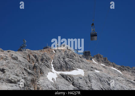 In Germania, in Baviera, Garmisch-Partenkirchen, Zugspitze, terminale superiore, funivia, dal di sotto, Alta Baviera, Werdenfels, montagne, Hochgebirge, gamma di Wetterstein, alpi, montagna, scogliera, rock, summit, ferrovia di montagna, traiettoria, gondola, attrazione turistica, destinazione, in prospettiva Foto Stock