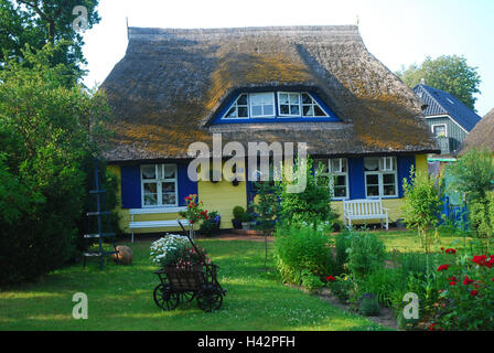 Germania, Meclemburgo-Pomerania occidentale, Fischland-Darß-Zingst, Wustrow, con tetto di paglia casa, giardino, Foto Stock