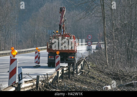 In Germania, in Baviera, Landshut, barrack montagna, street, carrello, gru, attacco infligge danno, opere di clearing, Alta Baviera, Federal Highway, blocco, pavimentazione passaggio di parzializzazione, strada, legno, tronchi, ramoscelli, rami, carica, carica, evacuazione, chiaro in alto, il bordo della foresta, ciclone, rottura del vento, distruzione, il cambiamento climatico e l'effetto serra, meteo caprioles, disaster, disastri naturali, Foto Stock