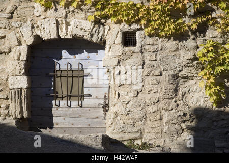 Francia, Provenza, Vaucluse, Bonnieux, edificio, coperto, porta di legno, vino selvatico, autunno, a sud est della Francia, casa, cantina, architettura, facciata, porta, Keller porta dell'ingresso, bar, dalle intemperie, storicamente, antica pietra muro difensivo, parete esterna, piante rampicanti, arrampicata arbusto, foglie, luce, ombra, facciata piantagione di erba, nessuno, esterno, Foto Stock