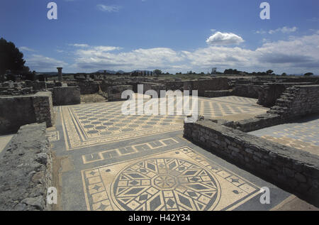 In Spagna, in Catalogna, Costa Brava, La Escala, Ruines de Ampurias, pavimento a mosaico, Europa Südwesteuropa, Nordostspanien, luogo posto, luogo di interesse, arte, cultura, rovine romane, casa residenziale, rimane, il pavimento a mosaico, abilmente, mura difensive, pietra def Foto Stock