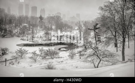 Inverno tempesta di neve nel parco centrale con vista sul Gapstow Bridge e il laghetto congelato. Manhattan, New York City Foto Stock