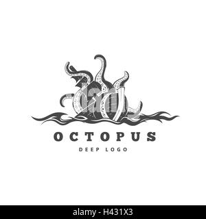 Giant male kraken logo, silhouette octopus mostro marino con tentacoli Illustrazione Vettoriale