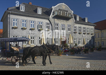 Germania, Bassa Sassonia, Harz, Goslar, mercato, Imperatore del ring house, a cavallo del carrello, città, Centro Storico, Centro citta', città imperiale, Centro citta', spazio, vista città, gastronomia, street restaurant, casa, costruendo, carillon, facciata shingle, ristorante, carrello, city tour, viaggio di andata e ritorno, Kutschfahrt, turismo, storicamente, architettura, ciottoli, persona, ospiti, turisti, luogo di interesse Foto Stock