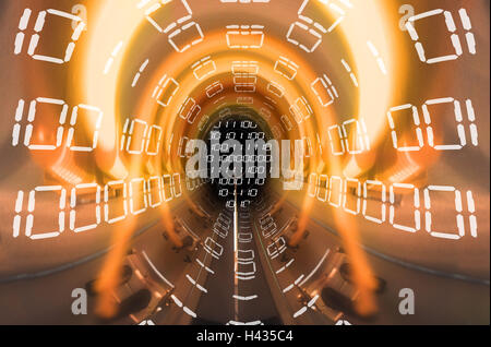 La composizione, tunnel-tubo, binary-numeri, gallerie, tubo, gestione pay-row, numeri binari, codice, pay-codice, data-tunnel, dati, elaborazione dati, il flusso di dati, trasferimento, telecomunicazioni, tecnologia, informazioni, codifica dati-autostrada, trasferimento dati, effetti di luce, informatica, elettronica, Foto Stock