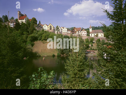 Germania, Foresta Nera, vecchio impasto, Berna, angolo vista locale, bloccare, Baden-Württemberg, Nagoldtal, luogo, case, case, acque, fiume, estate, Foto Stock