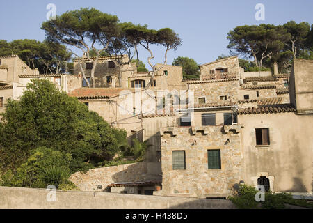 La Città Vecchia, Tossa de Mar, Costa Brava Catalogna, vista città, città, case, case, architettura, storicamente, alberi, nessuno, Foto Stock