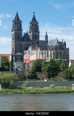 Cattedrale di Magdeburgo con Elba, il più antico edificio gotico in Germania, di Magdeburgo, Sassonia-Anhalt, Germania Foto Stock