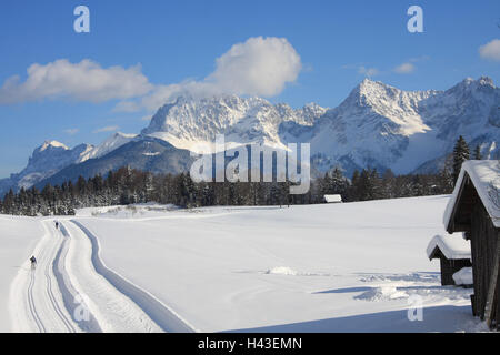 In Germania, in Baviera, Werdenfels, Krün, Gerold, piste da fondo, sportivi, nessun modello di rilascio, Germania meridionale, Alta Baviera, paesaggi, montagne, montagne, neve, in inverno, stagione, sport, sport, sport invernali, sci, sci di fondo, pattinaggio, classicamente, diagonalmente, persone sportily, soleggiato, esterno, cross-country trail, tracciato, via, Karwendel, nubi Foto Stock