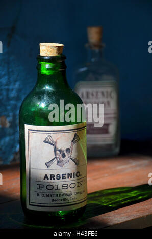 Vecchia bottiglia in vetro verde etichettato con arsenico veleno e il  cranio e le ossa si erge su un ripiano. Un altro flacone di veleno sta  dietro Foto stock - Alamy