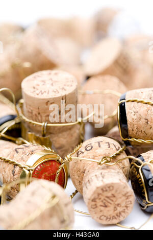 Tappi di Champagne, molti, close-up, Foto Stock