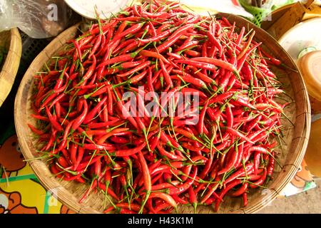 Peperoncino Padi, Occhio di Chili e chili di uccelli, peperoncino tailandese sul cestello di trebbiatura Foto Stock