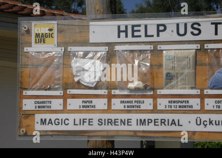 Turchia, Belek, hotel Magic Life, sirena imperiale, protezione dell'ambiente, info bacheca, dettaglio, destinazione destinazione di vacanza, vacanze, turismo, ambiente, inquinamento ambientale, immondizia, rifiutare, esempi, attenzione, informazioni, punta, cleannes Foto Stock