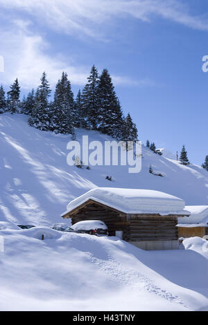 Austria Vorarlberg, mountain Arl, Lech, coperta di neve capanna, inverni, Foto Stock