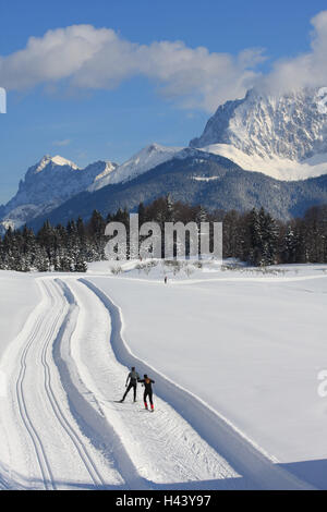 In Germania, in Baviera, Werdenfels, Krün, Gerold, piste da fondo, sportivi, nessun modello di rilascio, Germania meridionale, Alta Baviera, paesaggi, montagne, montagne, neve, in inverno, stagione, sport, sport, sport invernali, sci, sci di fondo, pattinaggio, classicamente, diagonalmente, persone sportily, soleggiato, esterno, cross-country trail, tracciata, traccia Foto Stock