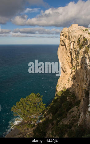 Spagna, Maiorca, penisola forma obiettivo, ripida costa, isole Baleari Isole Baleari isola, regione costiera del Mar Mediterraneo, Costa, Costa di bile, rock, vegetazione, mare, inverno, Aleppo ganascia, Horizon, larghezza, distanza cielo nuvoloso, Foto Stock