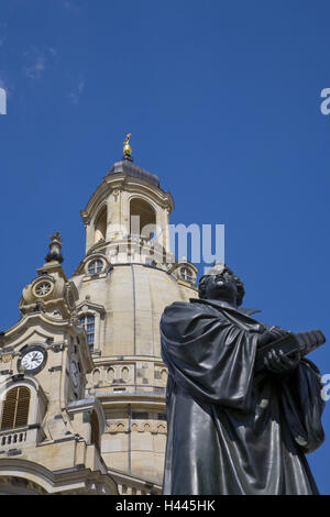 Monumento, statua, Martin Luther, chiesa Nostra Signora, tetto cupola, Dresda, Sassonia, Germania, Foto Stock