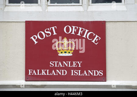 Gran Bretagna, Isole Falkland, Port Stanley House facciata, segno, ufficio postale, Foto Stock