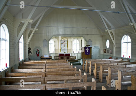 Georgia del Sud, Grytviken, balena vecchia stazione di manipolazione, chiesa, in norvegese, all'interno, Foto Stock