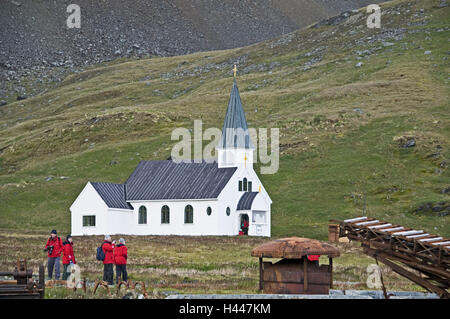 Georgia del Sud, Grytviken, balena vecchia stazione di manipolazione, chiesa, in norvegese, turisti, Foto Stock