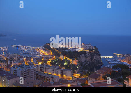 Il Principato di Monaco e Monte Carlo, vista città, il porto, il palazzo del principe, illuminazione, sera, Foto Stock