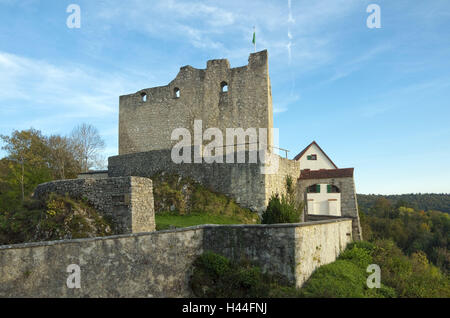 Germania, Baden-Württemberg, Hayingen, parte storico villaggio di monete, castello Derneck, casa residenziale, casa, costruendo, castello rovina, castello, segno difensivo del castello di parete, struttura, architettura, luogo di interesse, destinazione, turismo, area della biosfera, forte della valle Foto Stock