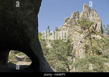 Germania, Sassonia-Anhalt, resinosi pedemontana, castello splendente, Timmenrode, devil's muraglia difensiva, bile formazione "cappotto di Amburgo armi", devil's foro, Foto Stock