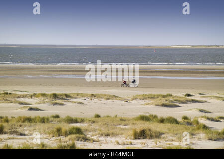 Germania, Bassa Sassonia, isola di Langeoog, spiaggia, ciclista, Foto Stock