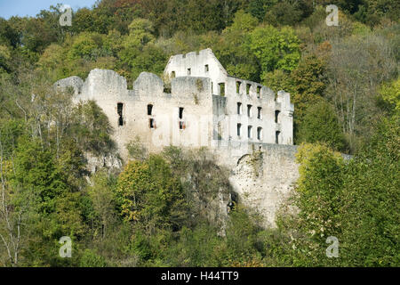 Germania, Baden-Württemberg, Hayingen, parte città Anhausen, la rovina del castello, Schülz bloccare nel 1605, area della biosfera, castello, Castello rovina, inizio autunno, autunno, loud Valley, il palazzo, la rovina, la rovina del castello, struttura, architettura, luogo di interesse, destinazione turiste Foto Stock