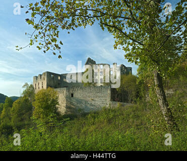 Germania, Baden-Württemberg, Hayingen, parte della città di Anhausen, castello rovina Schülz, bloccare nel 1605, area della biosfera, castello, Castello rovina, inizio autunno, autunno, loud Valley, il palazzo, la rovina, la rovina del castello, struttura, architettura, luogo di interesse, destinazione Foto Stock