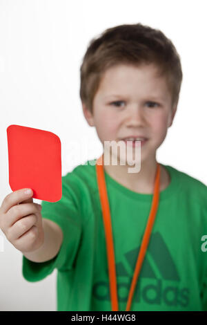 Bambino, arbitro, red card, punto, ritratto, sfocatura, Foto Stock