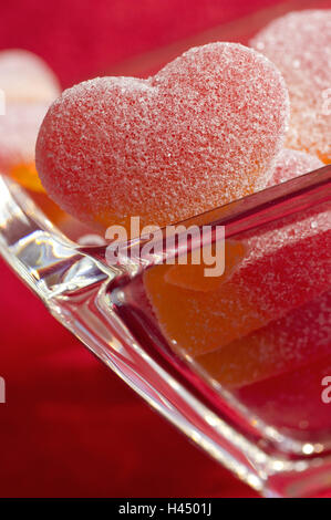 Buccia di vetro, jelly cuori, vetro lamiere bombate, lamiere bombate, sciarpe, vetro, cuore, gelatina, gelatina, giallo-rosso, rosso-giallo, rosso, caramelle, dolci, dolcemente, dolci, nibble, amore, Valentinstag, mirroring Foto Stock