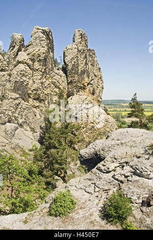 Germania, Sassonia-Anhalt, Harz contrafforti montuosi, Blankenburg, Timmenrode, devil's muraglia difensiva, formazione di roccia "Amburgo stemma', Foto Stock